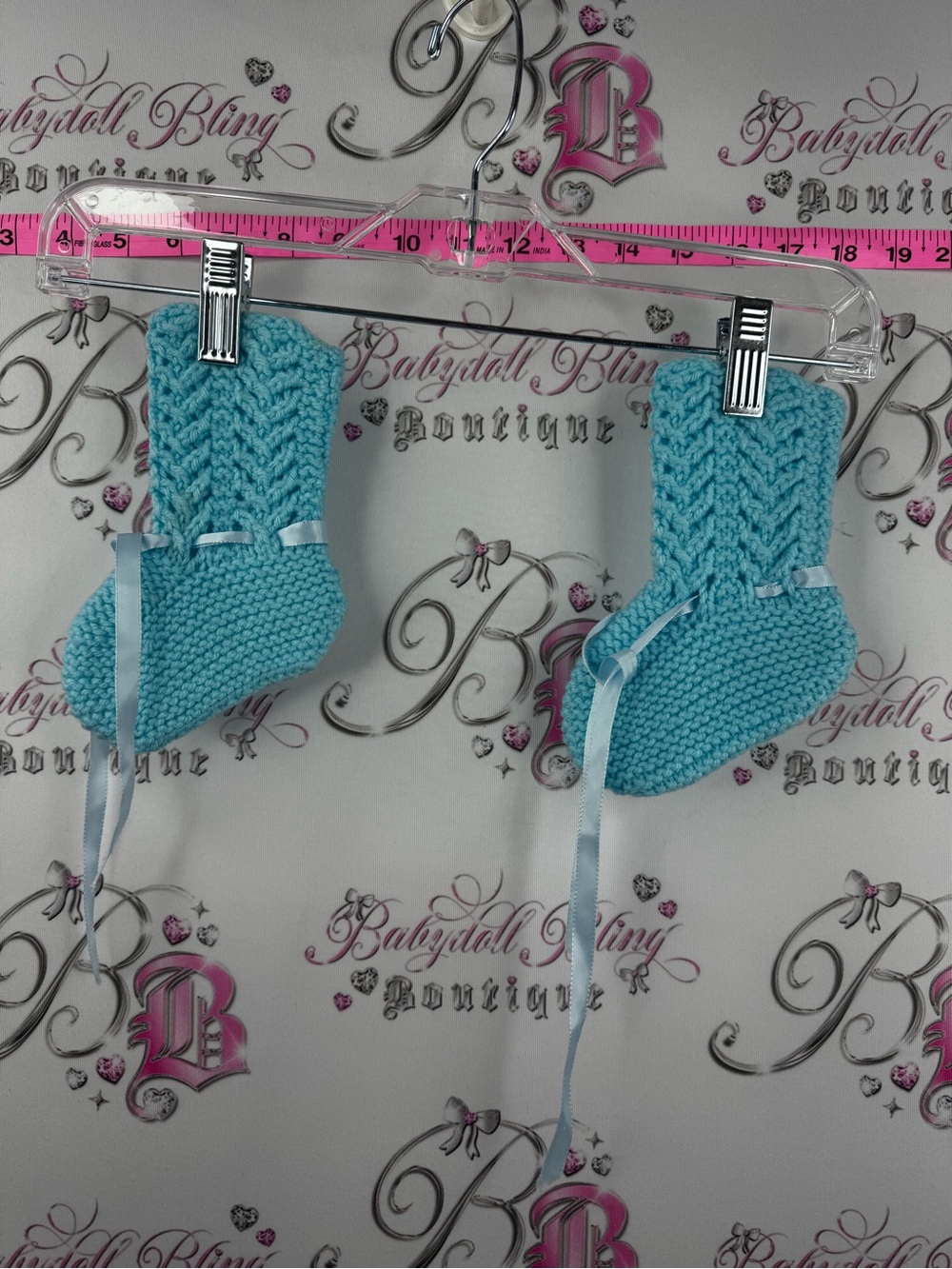 Hand-Knit Baby Blue Bootie Socks - Kids Shoes slippers ribbon bows